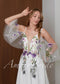 Fairy Off-White Chiffon A-Line Wedding Dress with Colorful Floral Embroidery and Off-Shoulder Straps