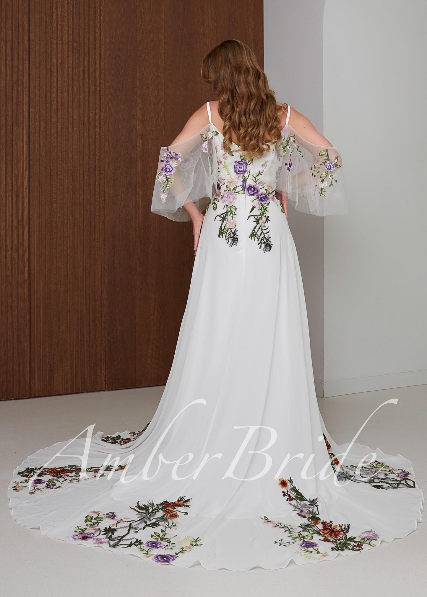 Fairy Off-White Chiffon A-Line Wedding Dress with Colorful Floral Embroidery and Off-Shoulder Straps