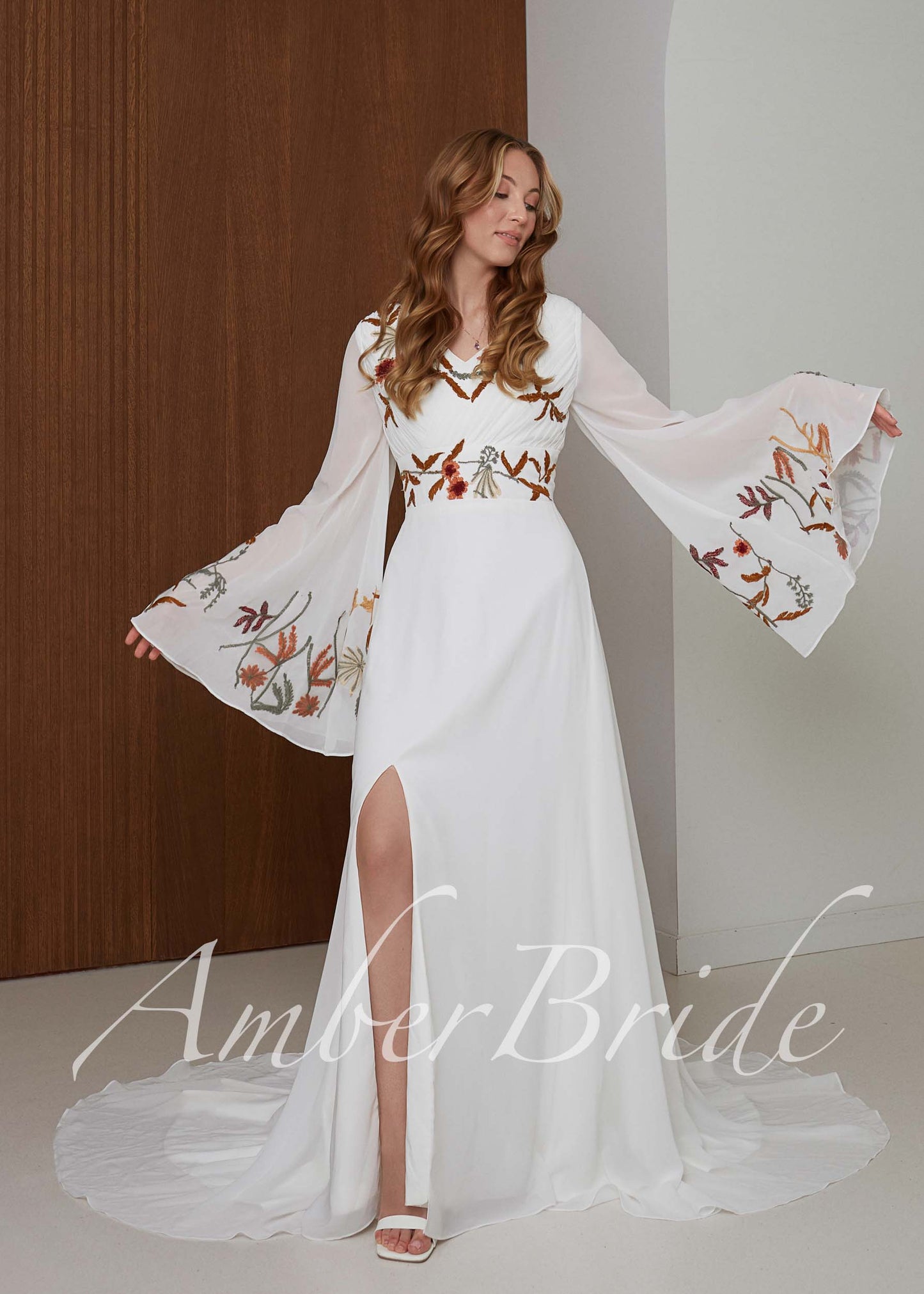 Goddess Chiffon Wedding Dress with Long Bell Sleeves and Floral Embroidery
