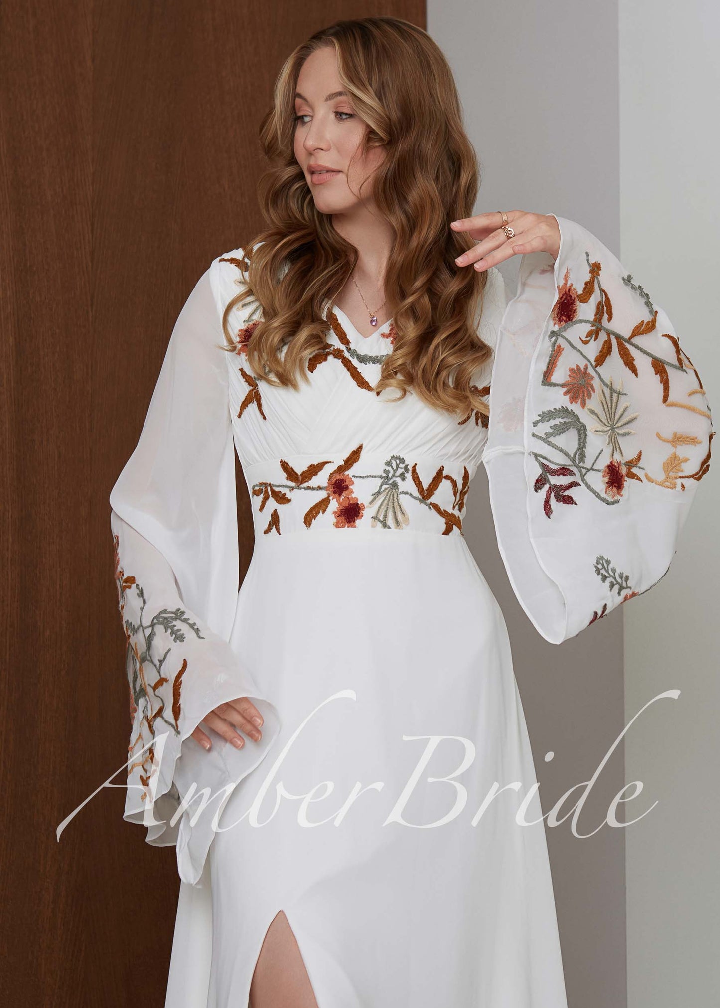 Goddess Chiffon Wedding Dress with Long Bell Sleeves and Floral Embroidery