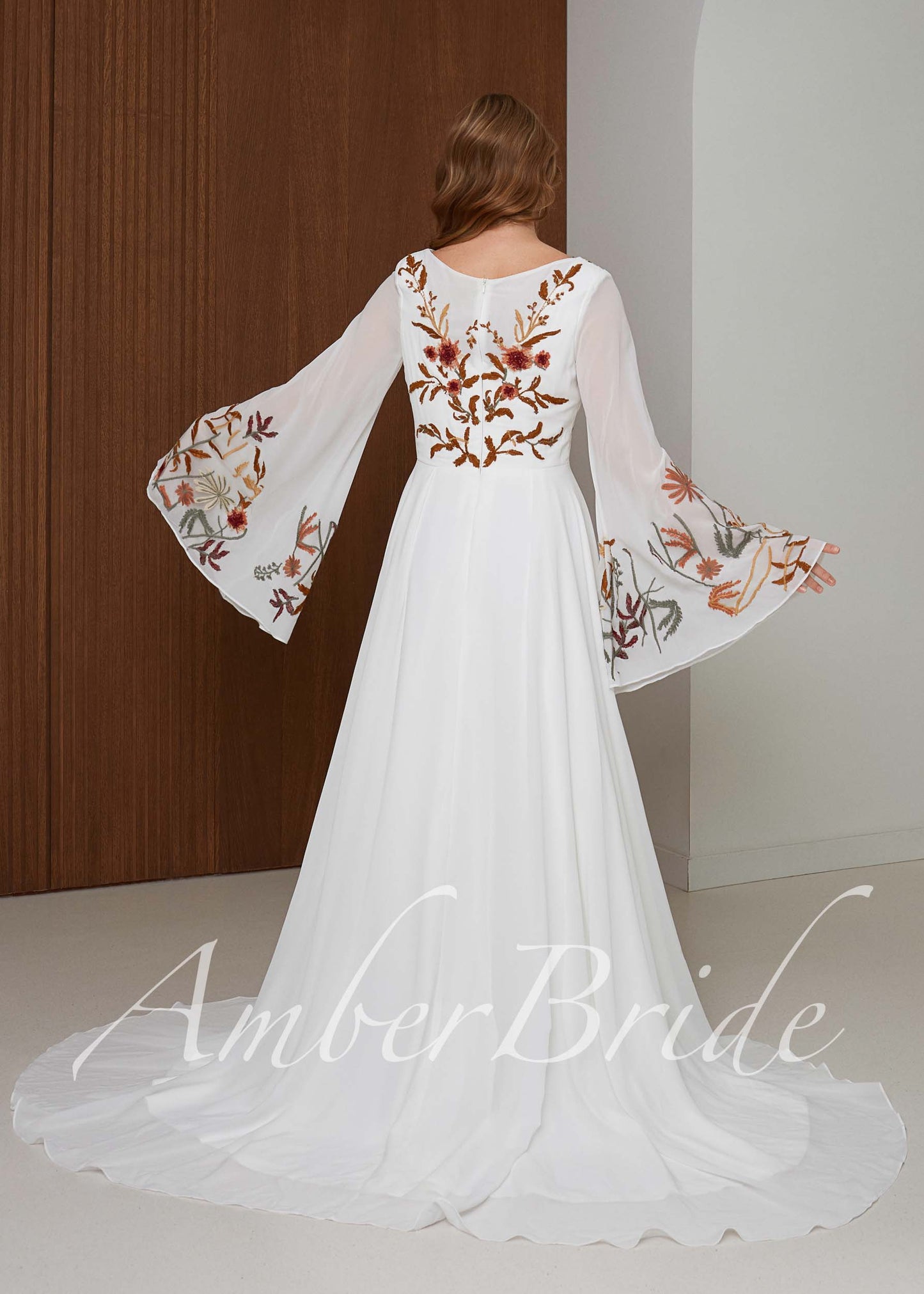 Goddess Chiffon Wedding Dress with Long Bell Sleeves and Floral Embroidery