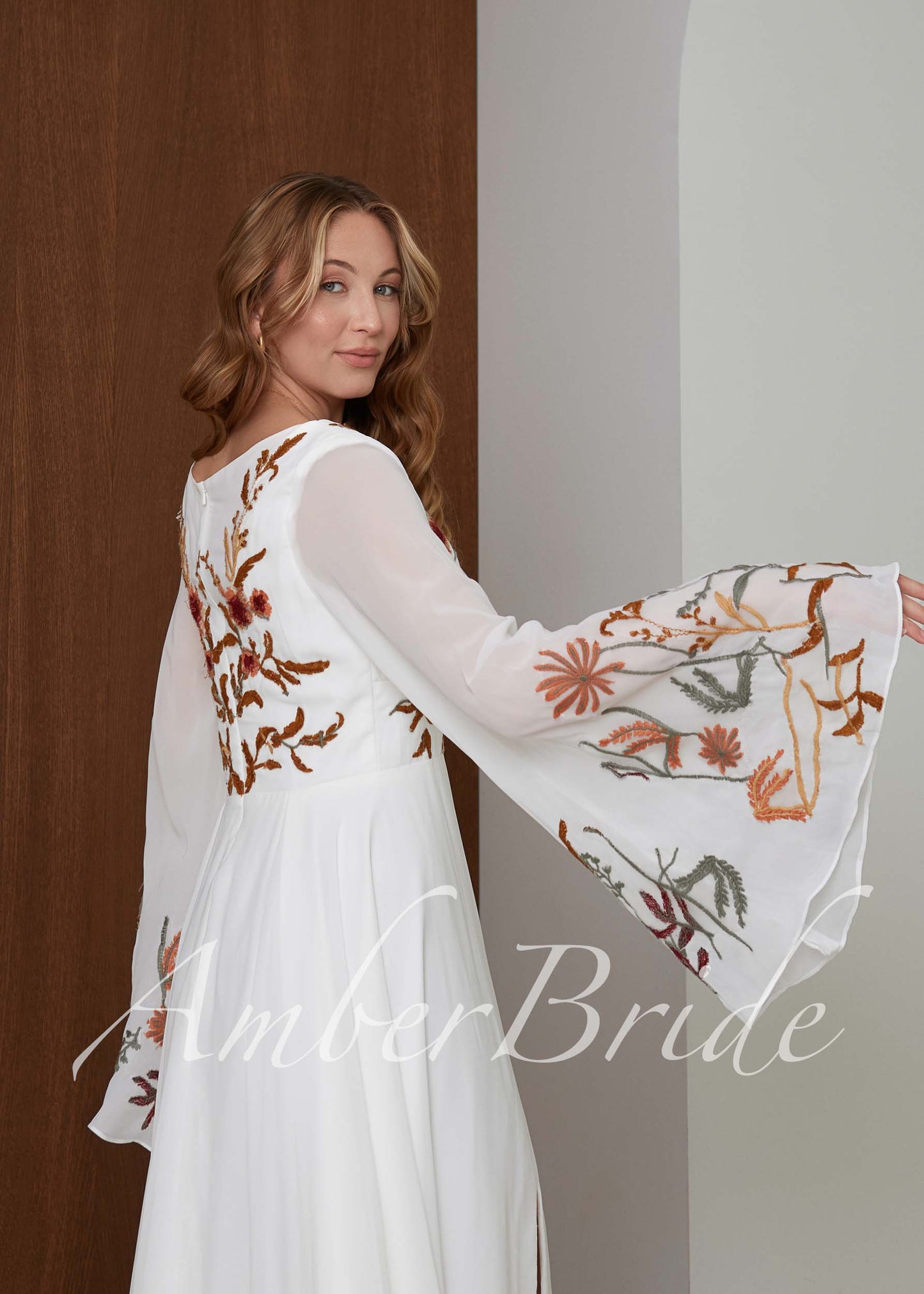 Goddess Chiffon Wedding Dress with Long Bell Sleeves and Floral Embroidery
