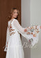 Goddess Chiffon Wedding Dress with Long Bell Sleeves and Floral Embroidery