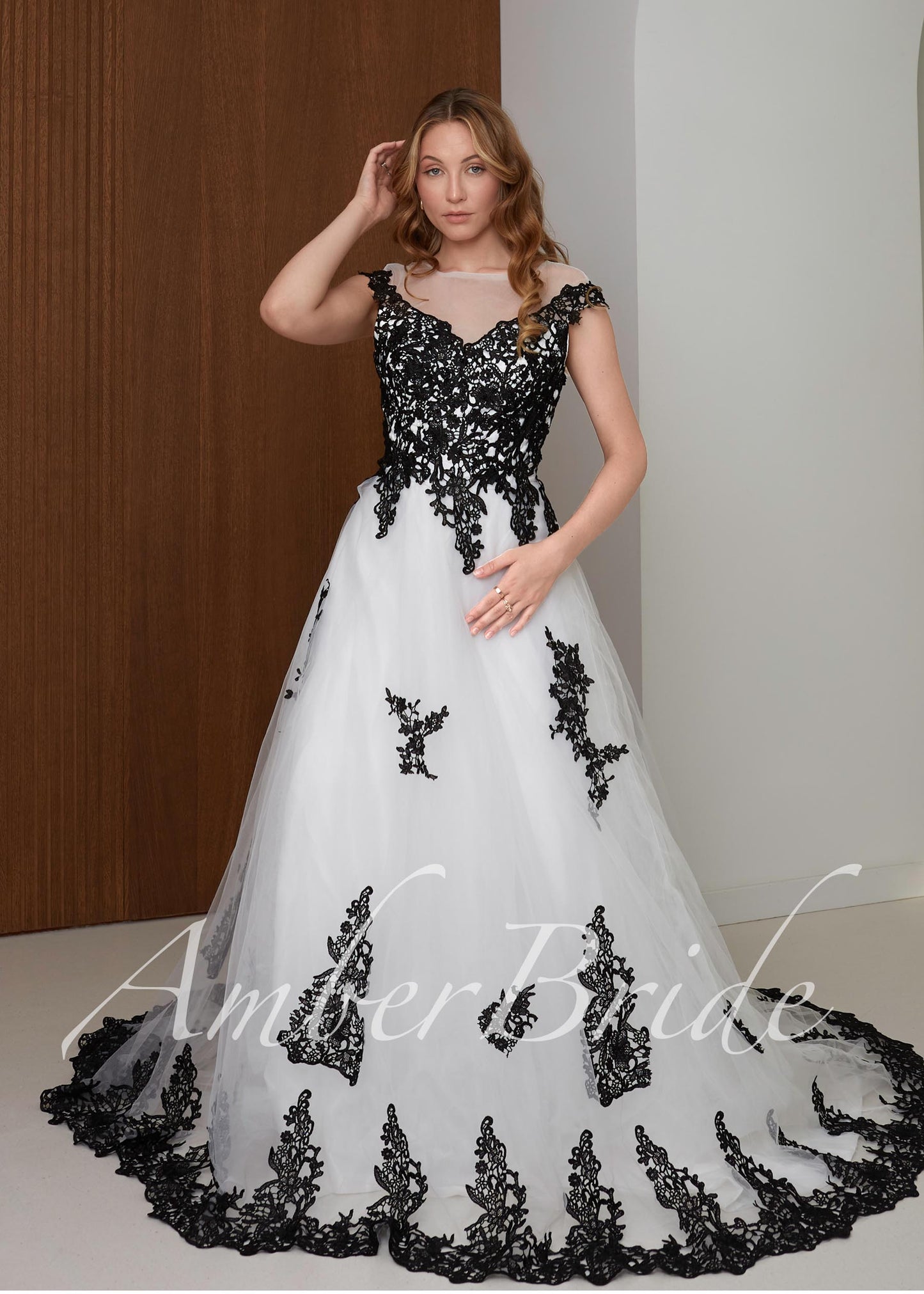 Black Lace Wedding Dress, A-Line Tulle Gothic Bridal Gown with Cap Sleeves and Long Train