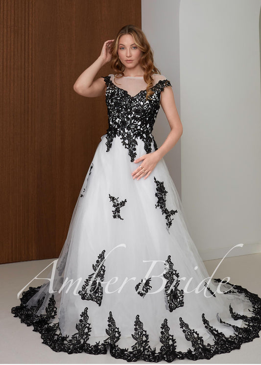 Black Lace Wedding Dress, A-Line Tulle Gothic Bridal Gown with Cap Sleeves and Long Train