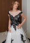 Black Lace Wedding Dress, A-Line Tulle Gothic Bridal Gown with Cap Sleeves and Long Train