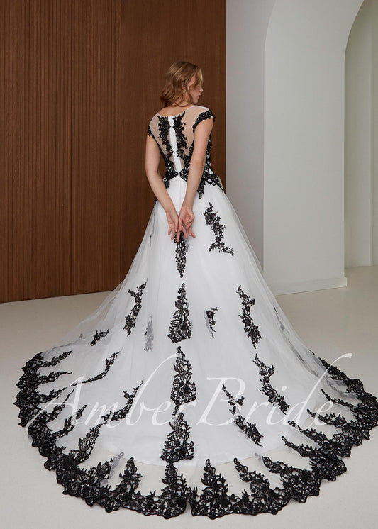 Black Lace Wedding Dress, A-Line Tulle Gothic Bridal Gown with Cap Sleeves and Long Train