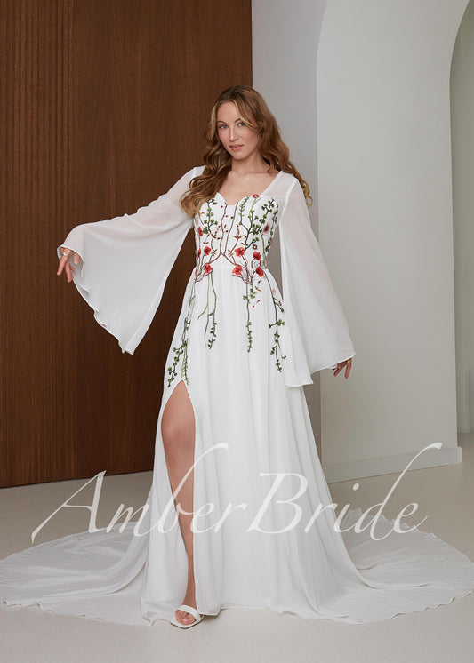 Boho Chiffon Wedding Dress with Bell Sleeves and Red Poppy Floral Embroidery