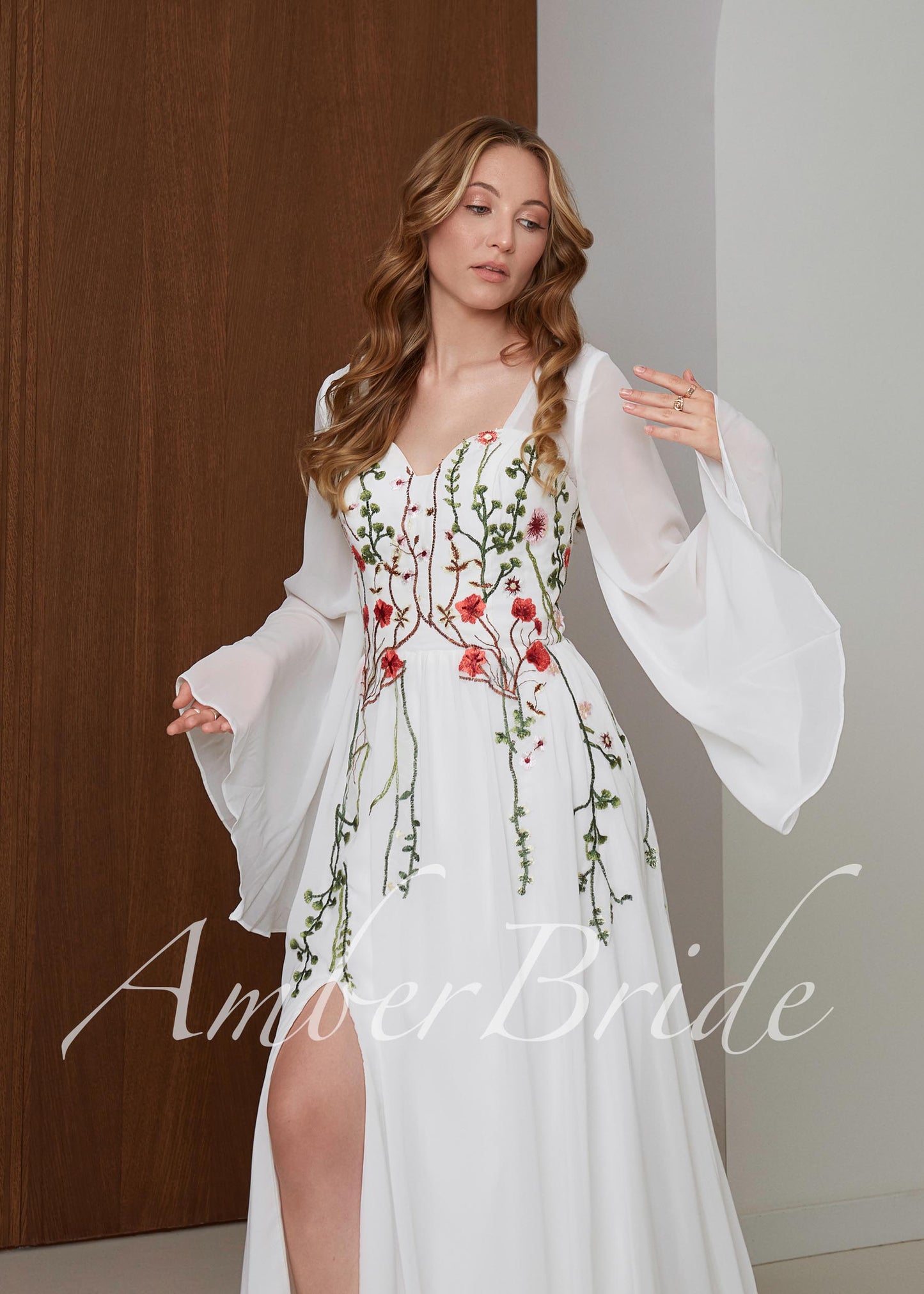 Boho Chiffon Wedding Dress with Bell Sleeves and Red Poppy Floral Embroidery