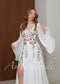 Boho Chiffon Wedding Dress with Bell Sleeves and Red Poppy Floral Embroidery