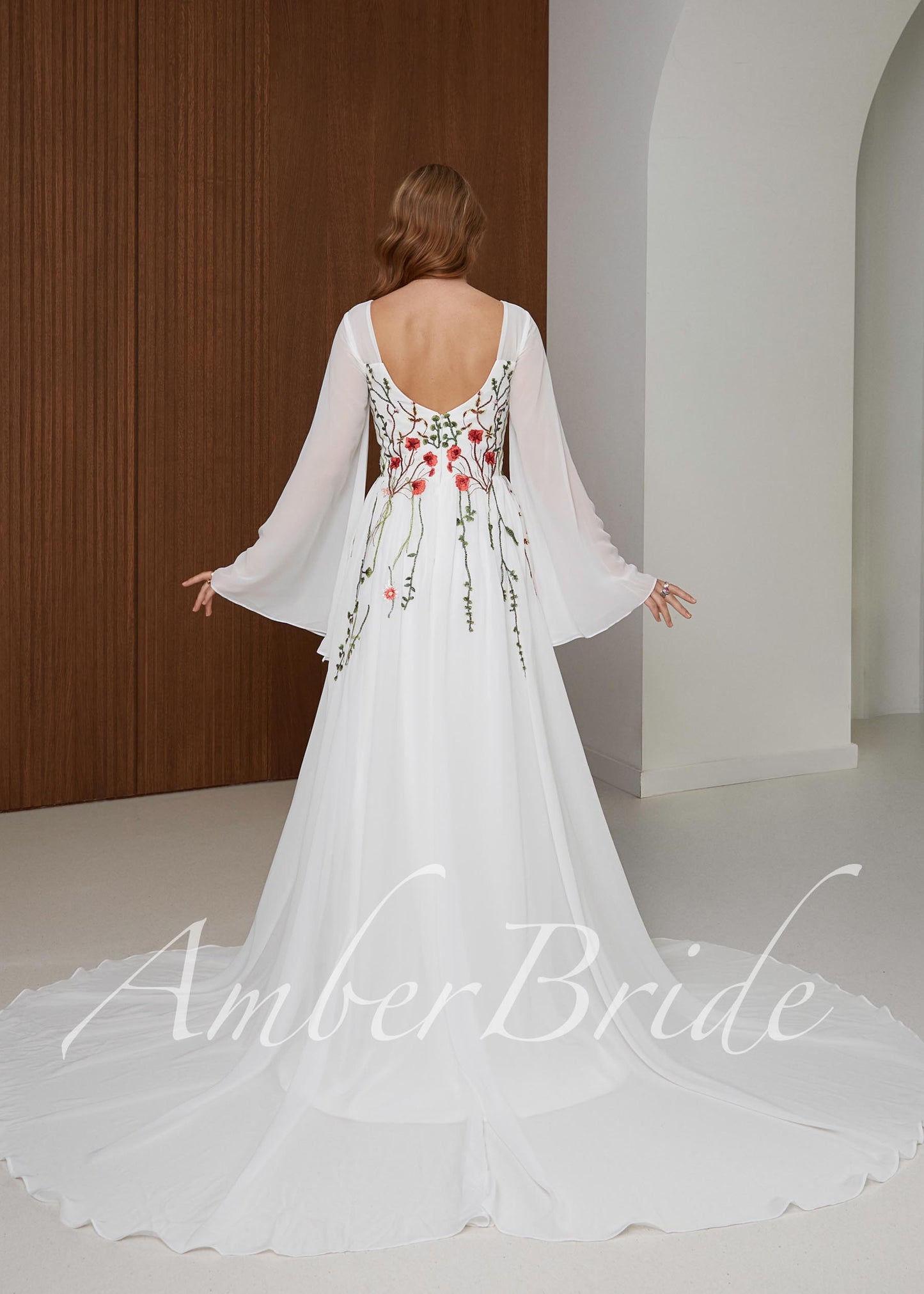 Boho Chiffon Wedding Dress with Bell Sleeves and Red Poppy Floral Embroidery