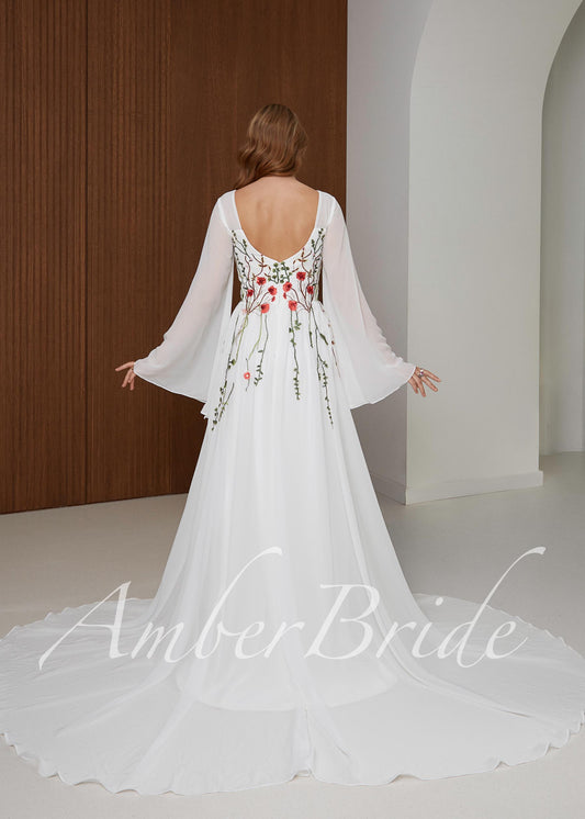Boho Chiffon Wedding Dress with Bell Sleeves and Red Poppy Floral Embroidery