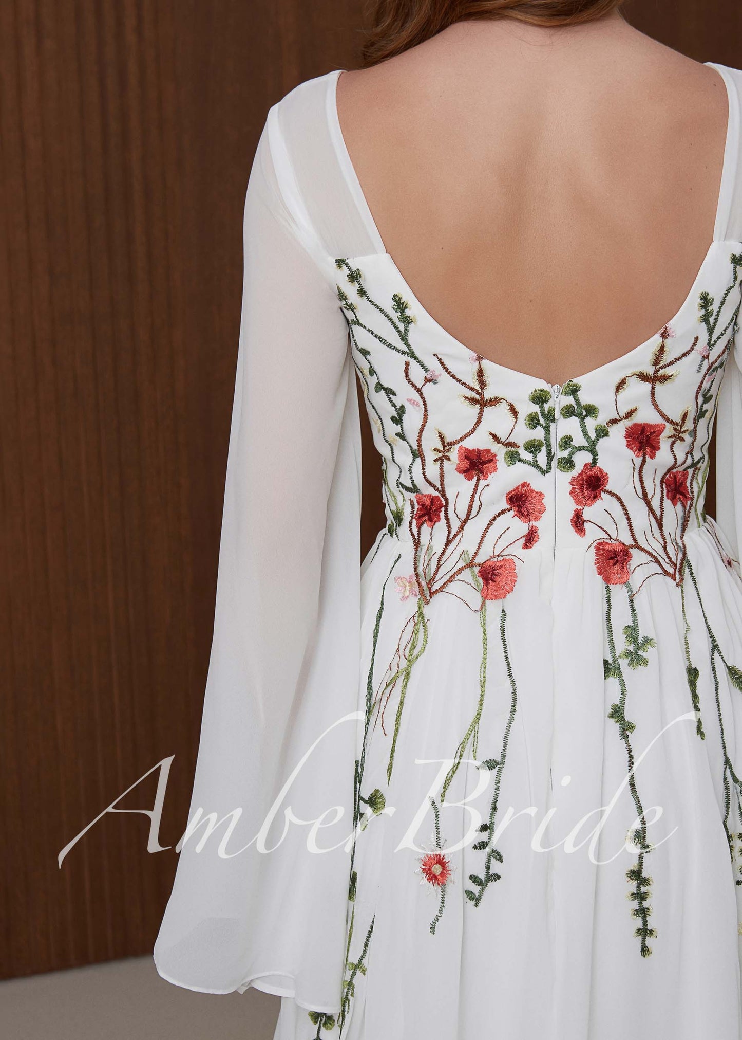 Boho Chiffon Wedding Dress with Bell Sleeves and Red Poppy Floral Embroidery