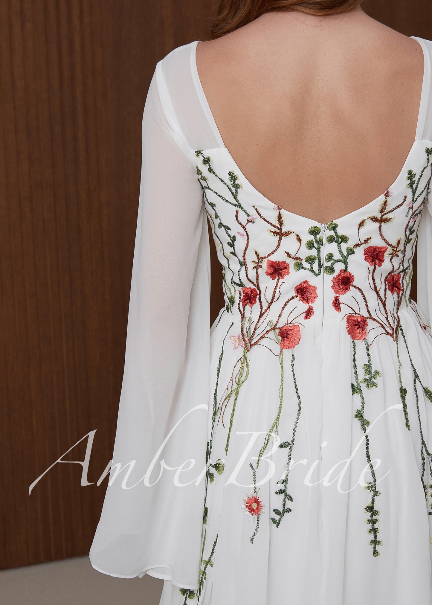 Boho Chiffon Wedding Dress with Bell Sleeves and Red Poppy Floral Embroidery