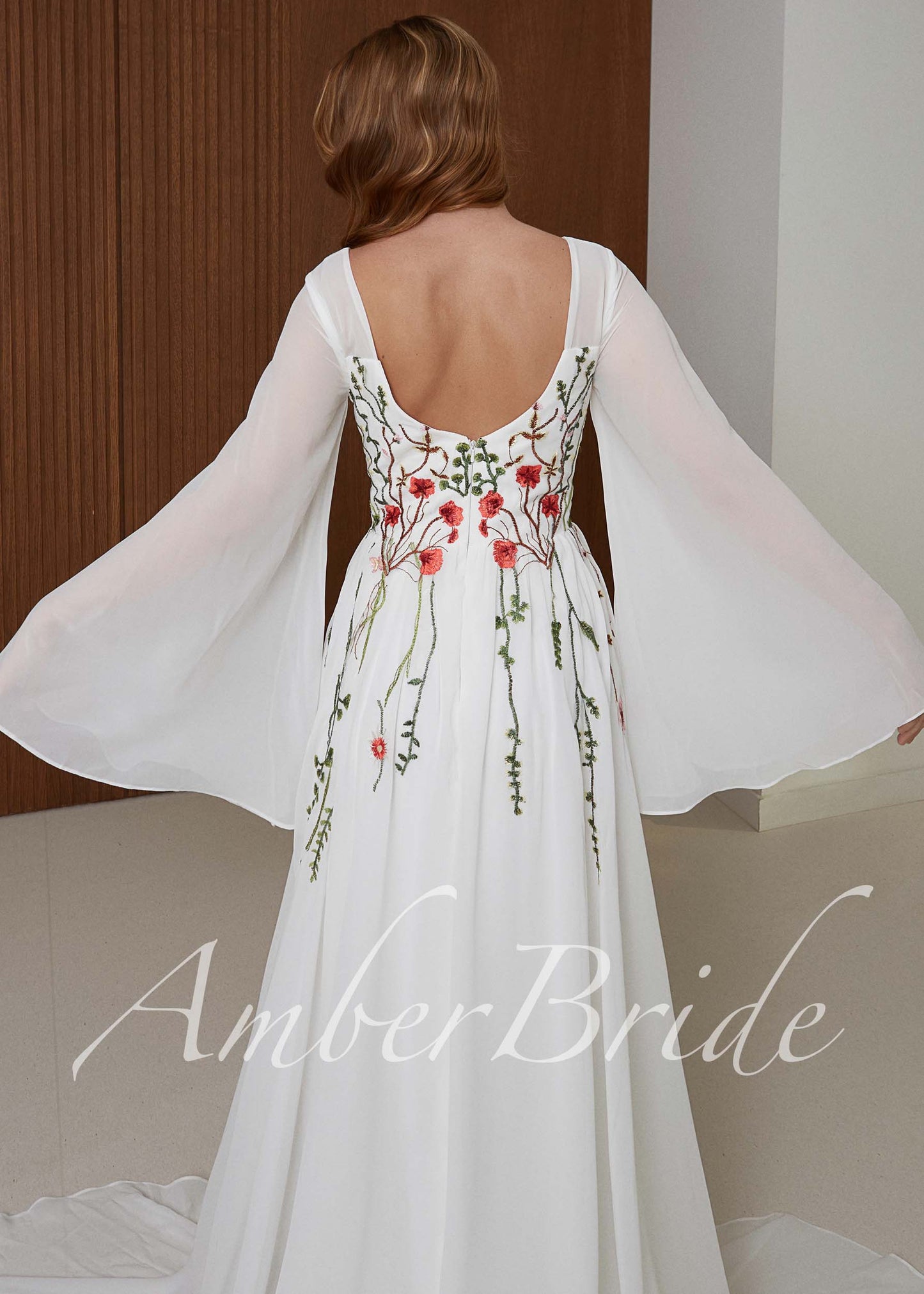 Boho Chiffon Wedding Dress with Bell Sleeves and Red Poppy Floral Embroidery