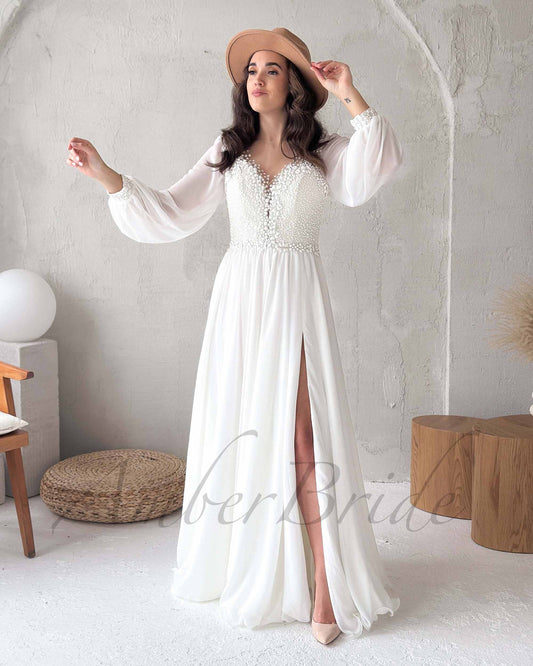 Boho A Line Chiffon Wedding Dress with Long Puffy Sleeve and Floral Appliques