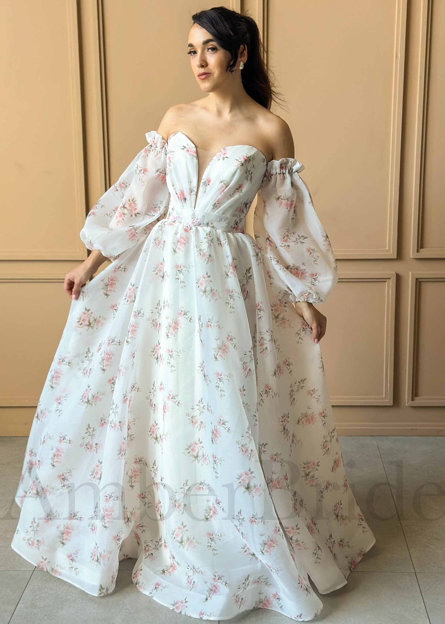 A-Line Organza Wedding Dress with Floral Paintings and Long Sleeves