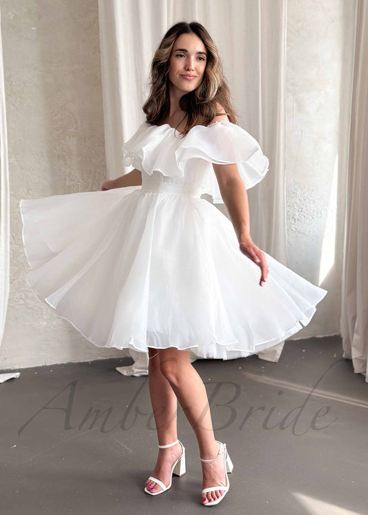 Rustic Knee Length Organza Dress with Off Shoulder Design