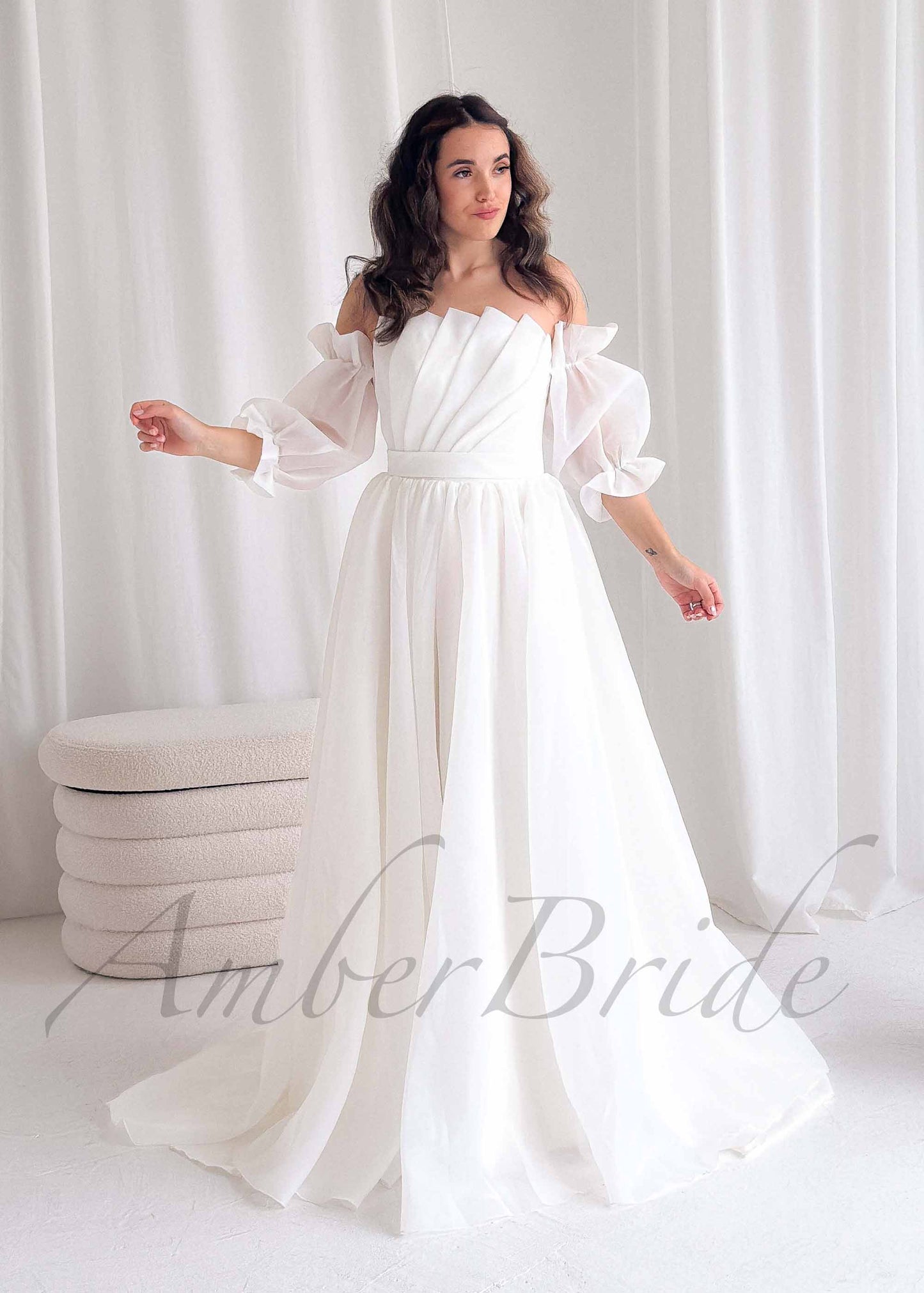 A Line Organza Wedding Dress with Folded Bodice and Detachable Puffy Sleeves