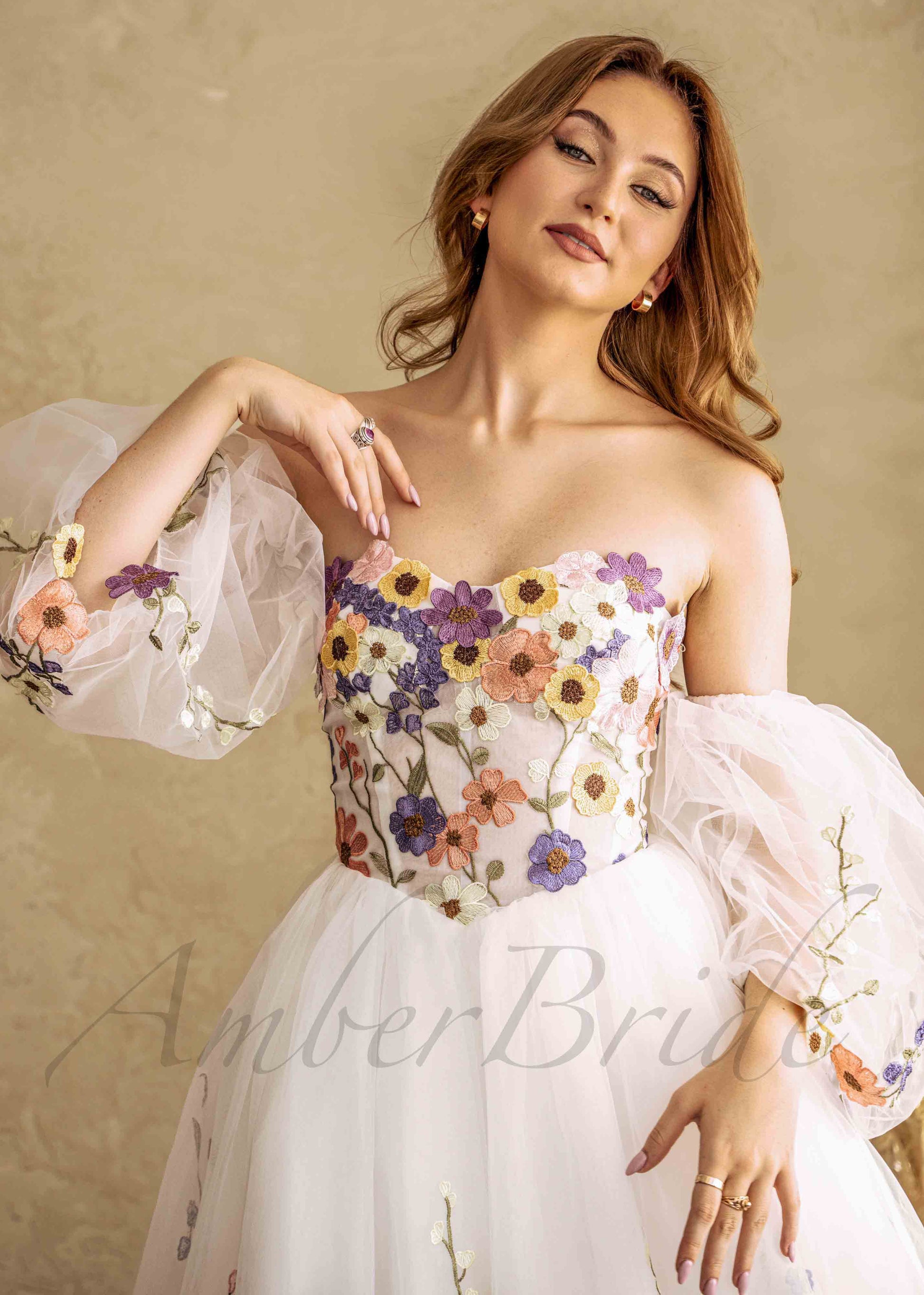 Fairy Knee-Length Dress with Colorful Flowers & Puffy Sleeves Fairy Knee-Length Dress with Colorful Flowers & Puffy Sleeves