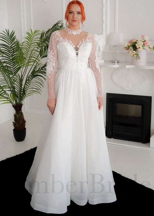Romantic A Line Organza Wedding Dress with Long Sleeve and Floral Design