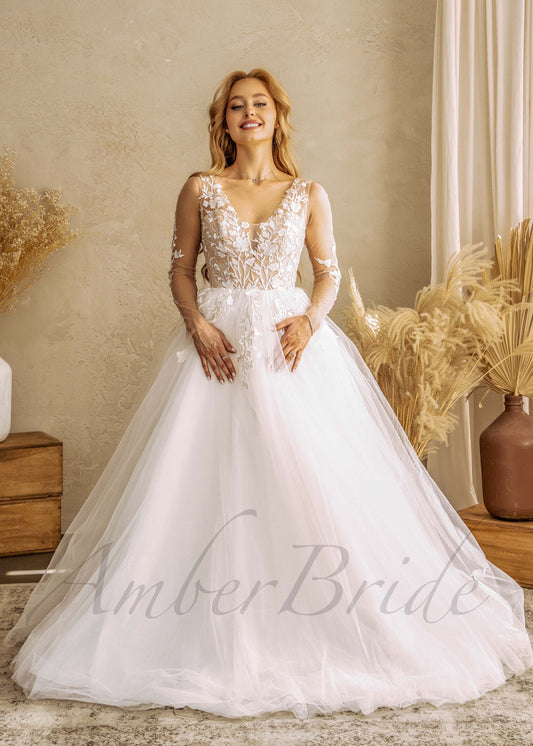 Floral Ball Gown Wedding Dress with Long Illusion Sleeve and Tulle Skirt