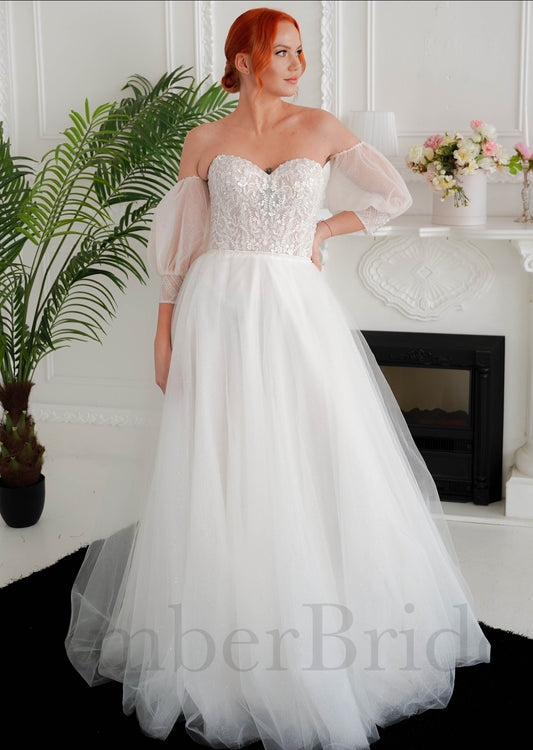 Floral A-Line Tulle Wedding Dress with Strapless Sweetheart Neckline