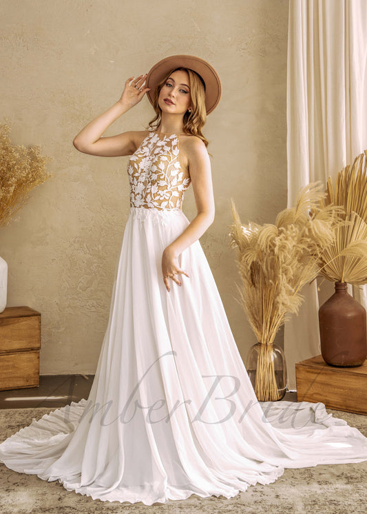 Floral A Line Chiffon Wedding Dress with Illusion Design and Open Back