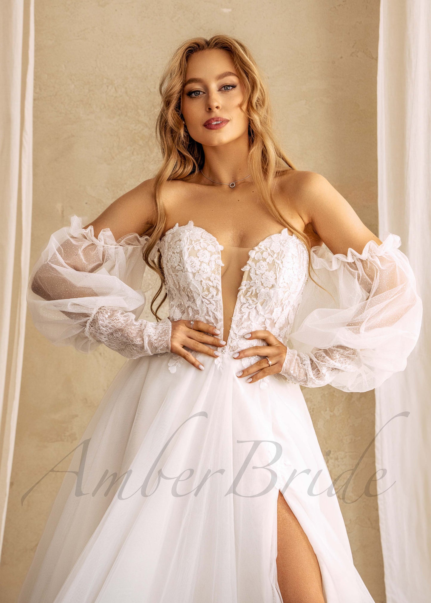 Romantic Floral Wedding Dress with Deep V Neck and Off Shoulder Bishop Sleeve