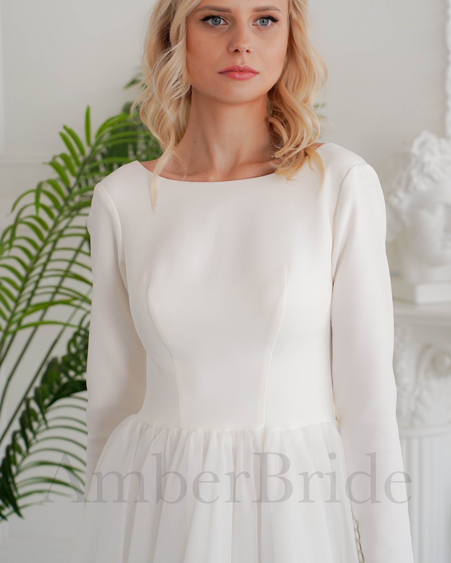 Simple Tea Length Long Sleeve Wedding Dress with Satin Top and Tulle Skirt