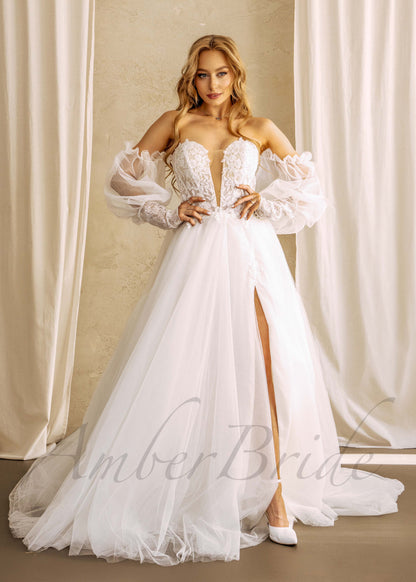 Romantic Floral Wedding Dress with Deep V Neck and Off Shoulder Bishop Sleeve