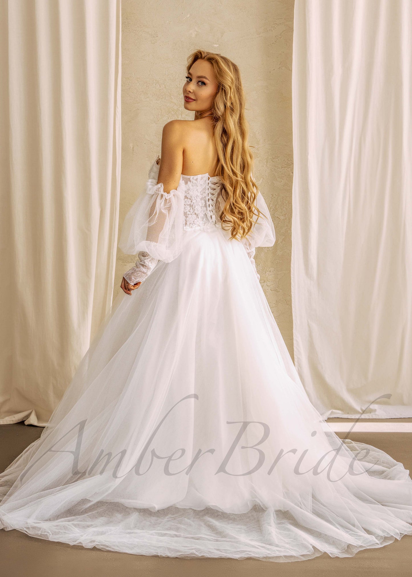 Romantic Floral Wedding Dress with Deep V Neck and Off Shoulder Bishop Sleeve