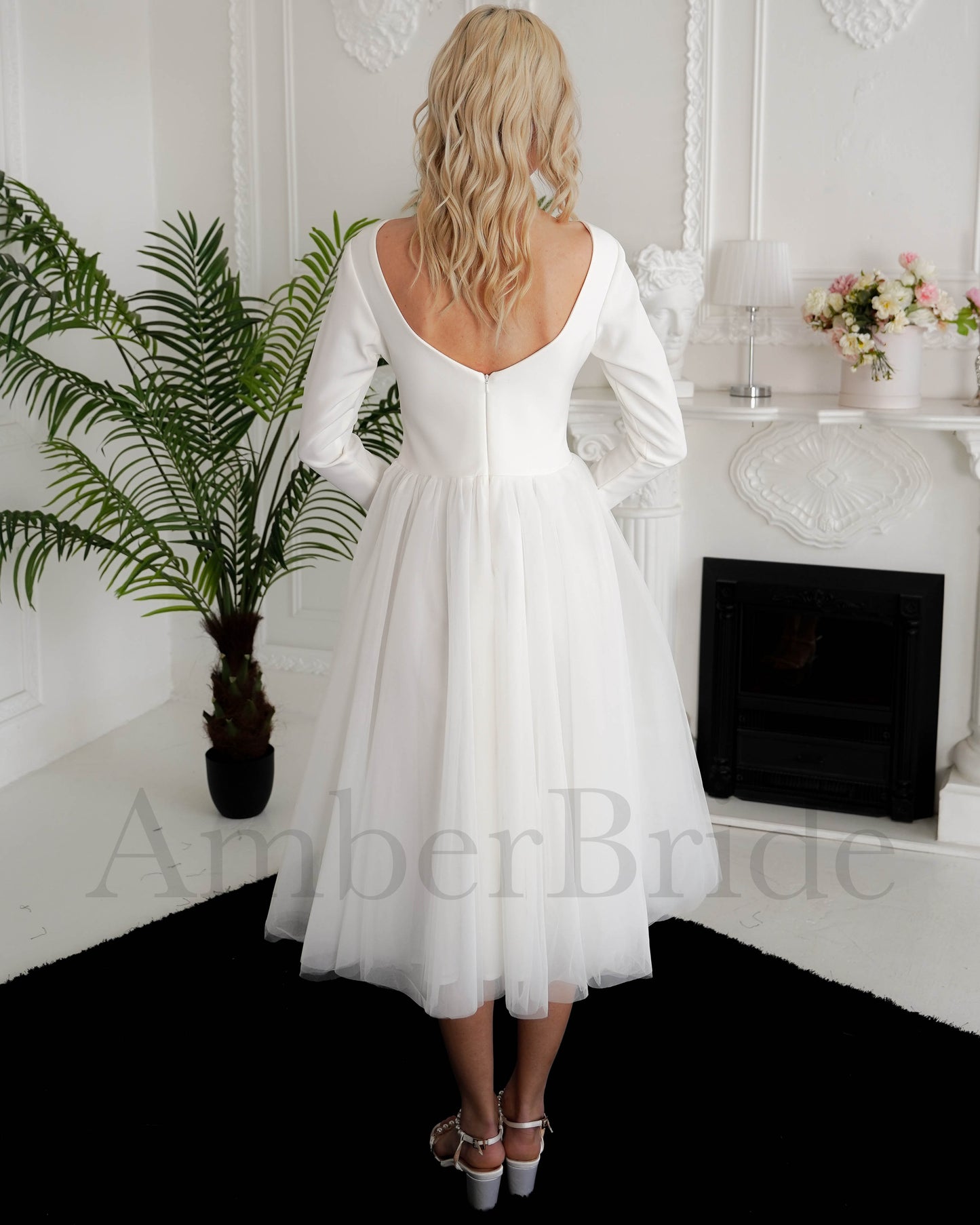 Simple Tea Length Long Sleeve Wedding Dress with Satin Top and Tulle Skirt