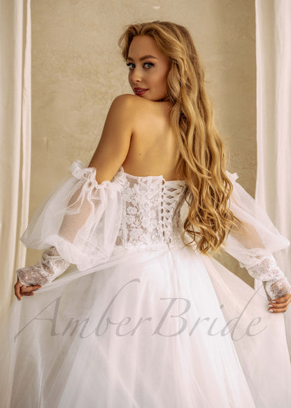 Romantic Floral Wedding Dress with Deep V Neck and Off Shoulder Bishop Sleeve