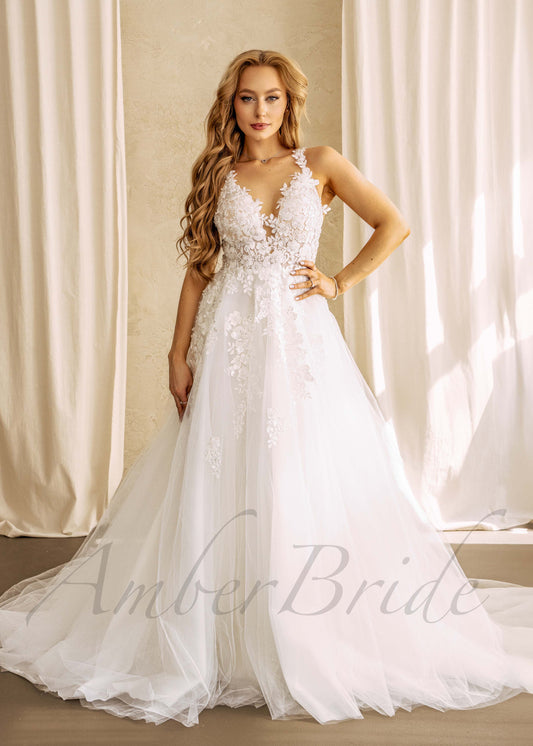 Romantic A Line Wedding Dress with Floral Design and Open Back