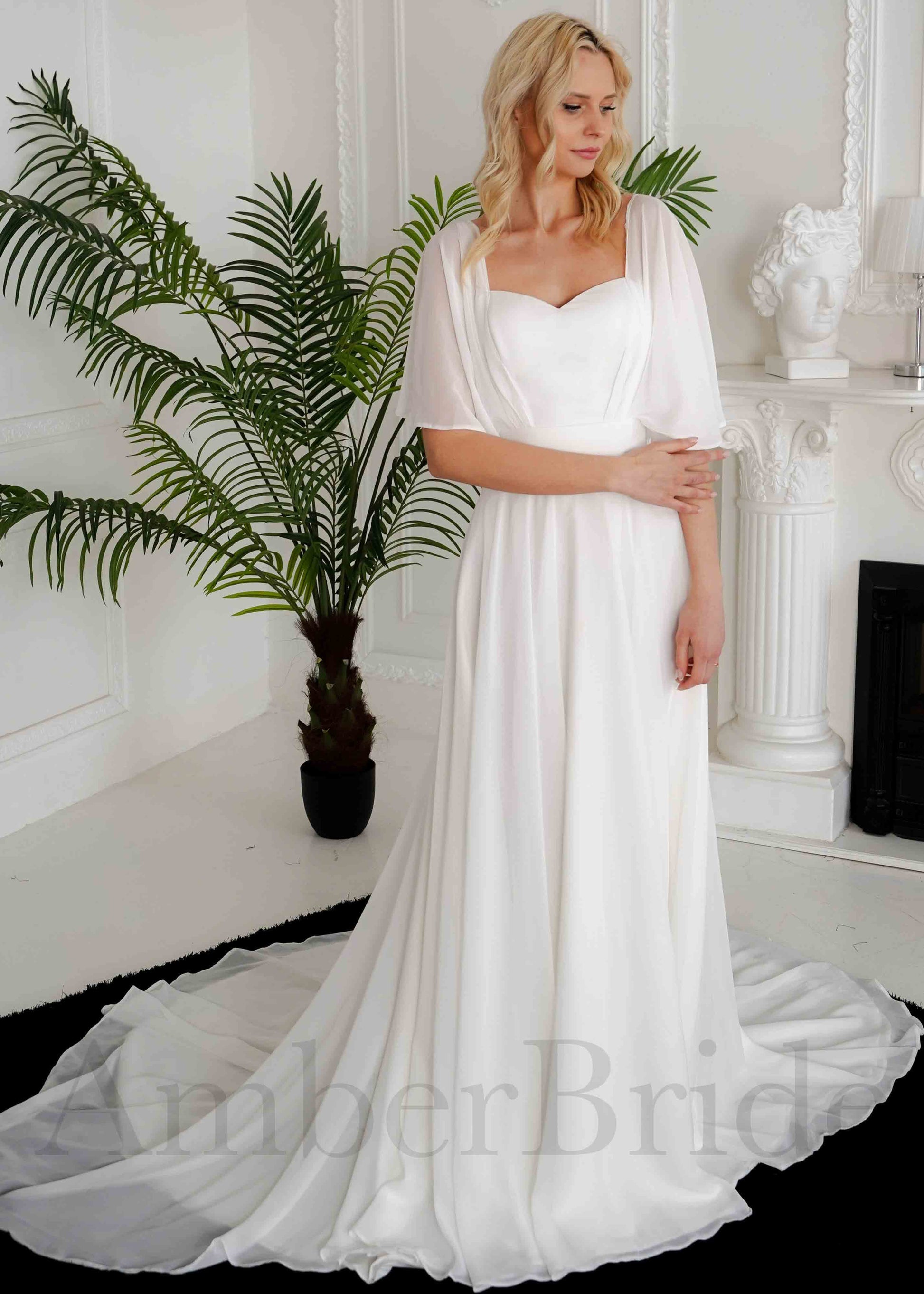 Simple A-Line Chiffon Wedding Dress with Flutter Sleeves | AmberBride Simple A-Line Chiffon Wedding Dress with Flutter Sleeves | AmberBride
