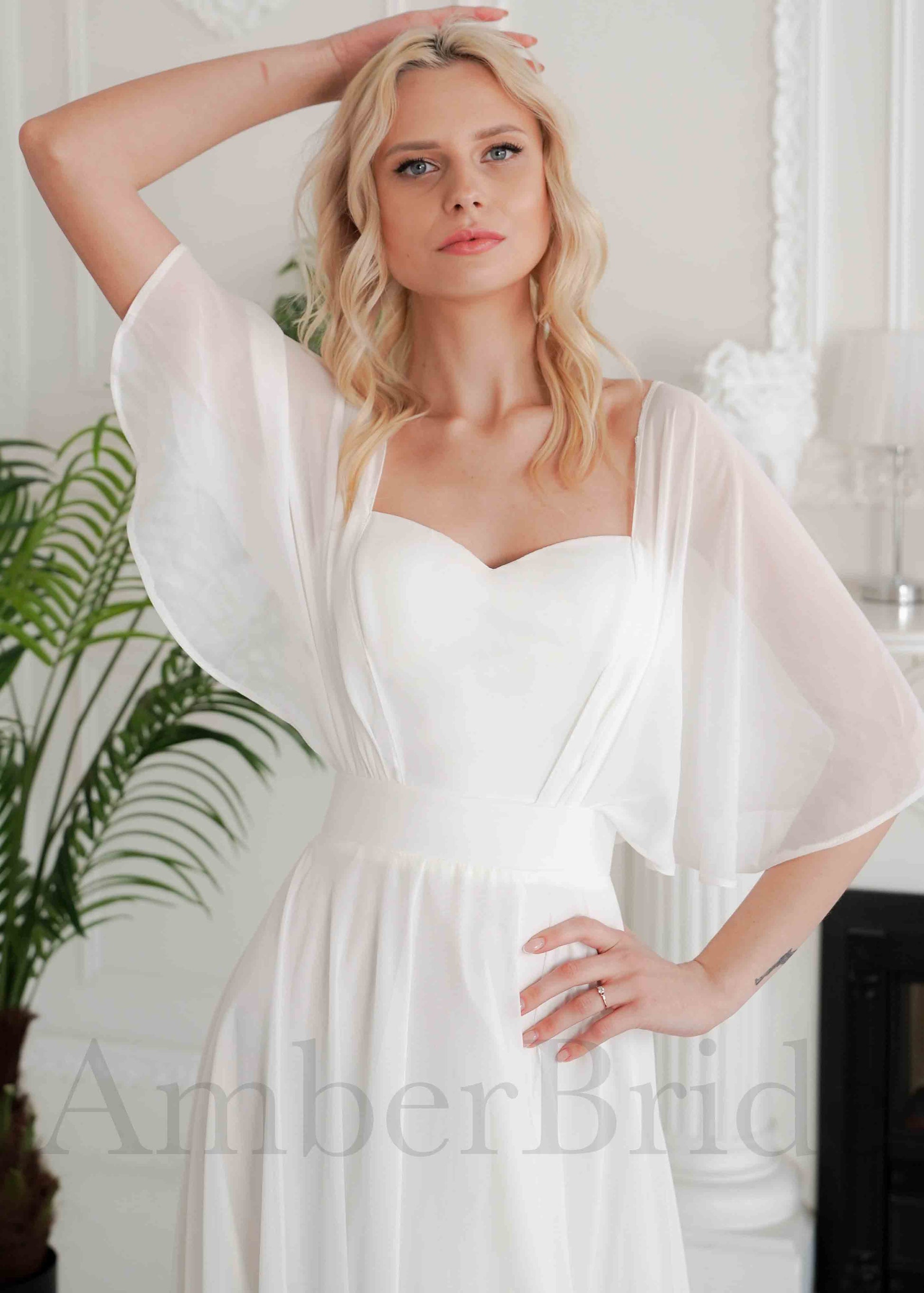 Simple A-Line Chiffon Wedding Dress with Flutter Sleeves | AmberBride Simple A-Line Chiffon Wedding Dress with Flutter Sleeves | AmberBride