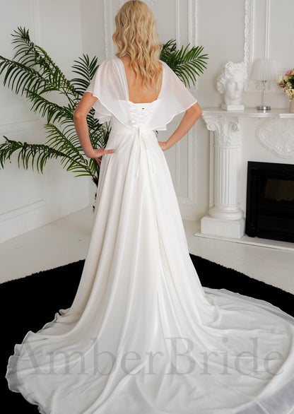 Simple A Line Chiffon Wedding Dress with Flutter Sleeves and Sweetheart Neckline