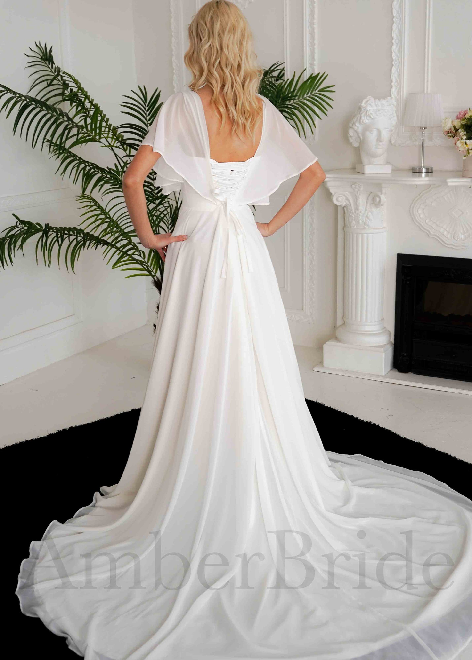 Simple A-Line Chiffon Wedding Dress with Flutter Sleeves | AmberBride Simple A-Line Chiffon Wedding Dress with Flutter Sleeves | AmberBride