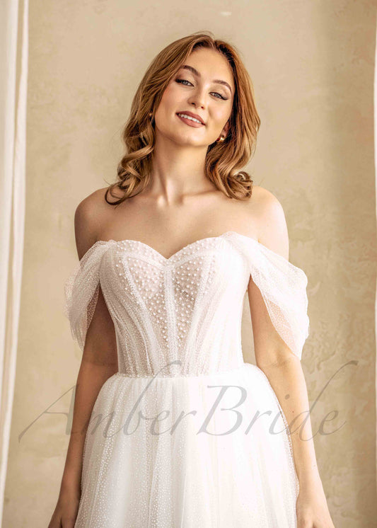 Glittery A-Line Wedding Dress with Off-Shoulder Sweetheart Neckline and Artificial Pearls