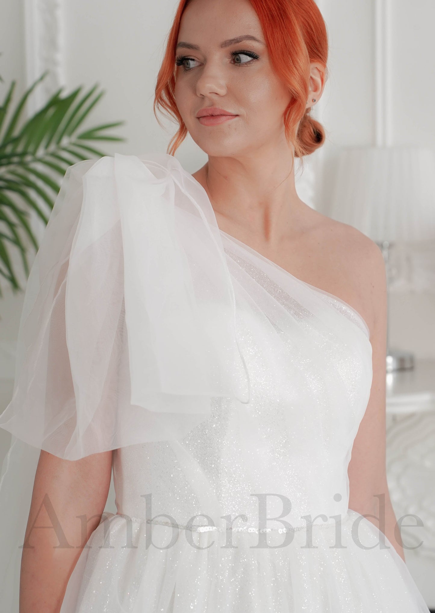 Asymmetrical A Line Sequin Organza Wedding Dress with One Shoulder Bow