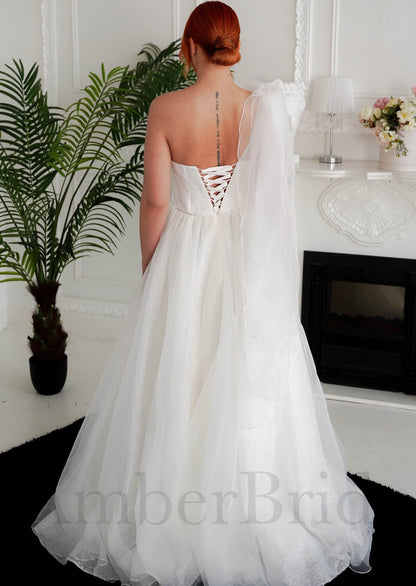 Asymmetrical A Line Sequin Organza Wedding Dress with One Shoulder Bow