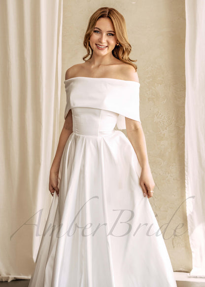 Classic Off Shoulder Satin Wedding Dress with Corset Closure