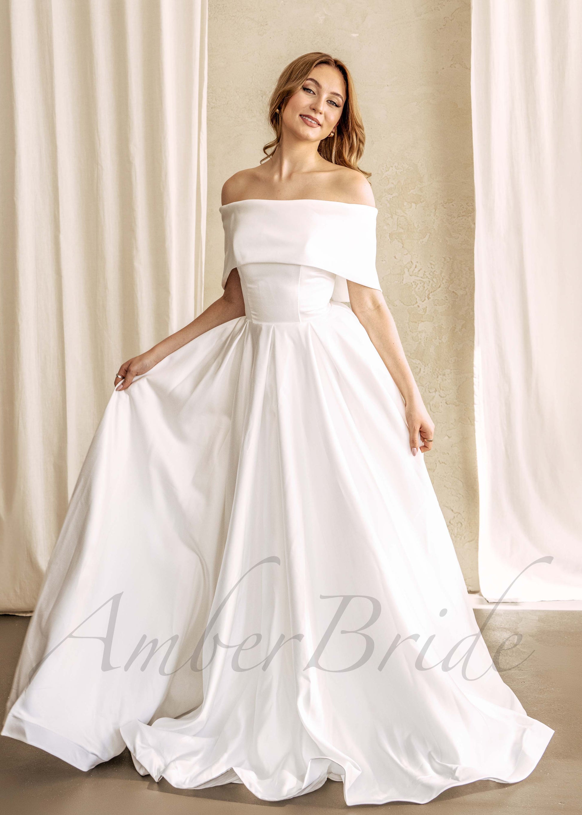 Classic Off Shoulder Satin Wedding Dress with Corset Closure AmberBride Classic Off Shoulder Satin Wedding Dress with Corset Closure AmberBride