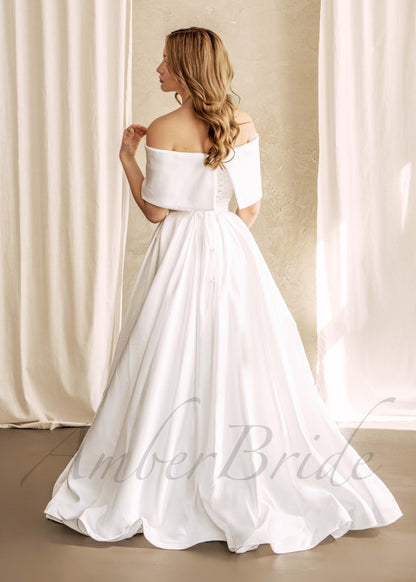 Classic Off Shoulder Satin Wedding Dress with Corset Closure