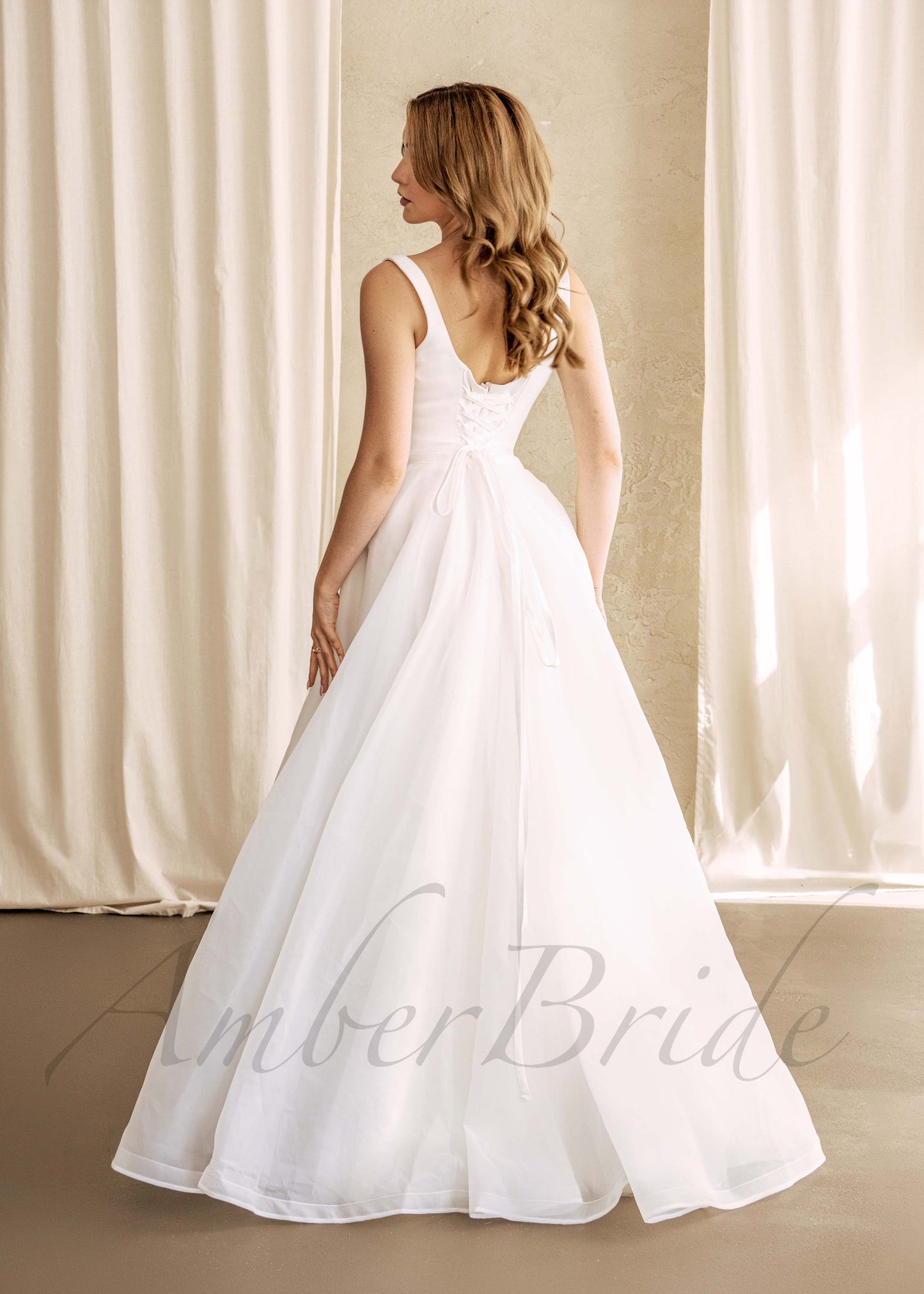 Simple A Line Satin Wedding Dress with Square Neck and Organza Skirt