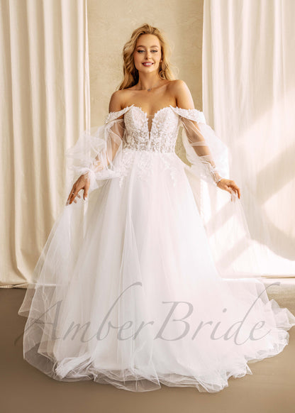 Floral A Line Off Shoulder Wedding Dress with Detachable Puffy Sleeve