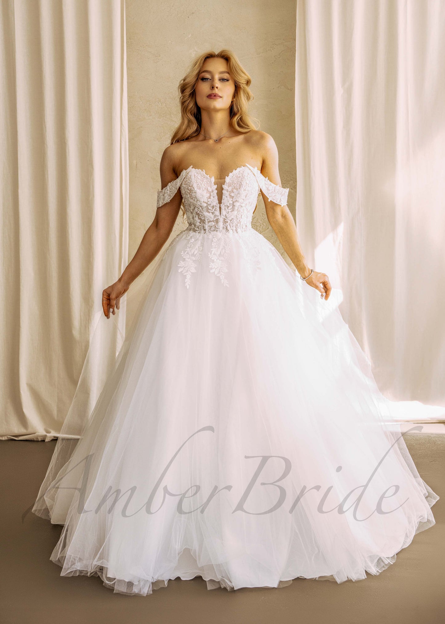 Floral A Line Off Shoulder Wedding Dress with Detachable Puffy Sleeve