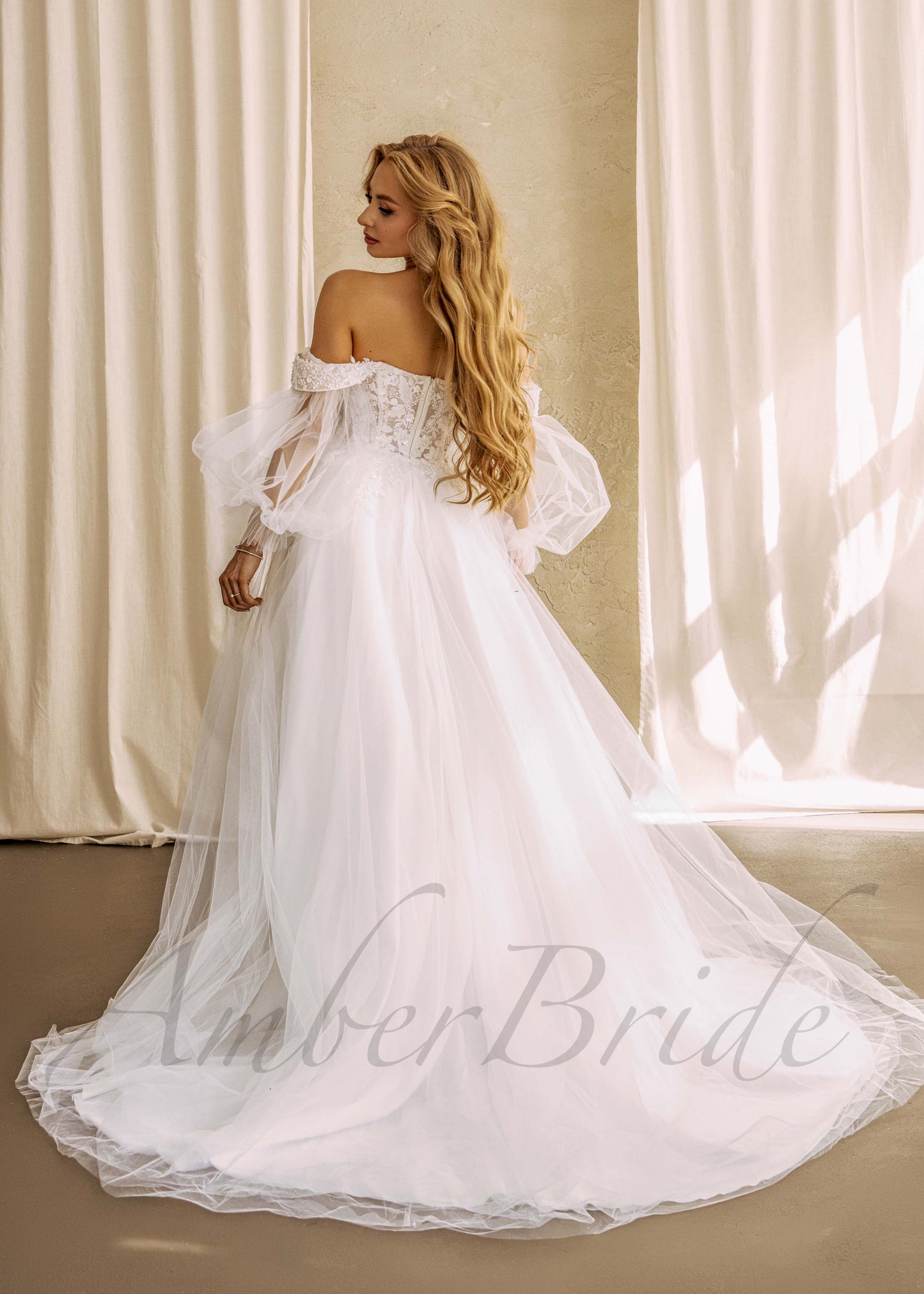 Floral A Line Off Shoulder Wedding Dress with Detachable Puffy Sleeve