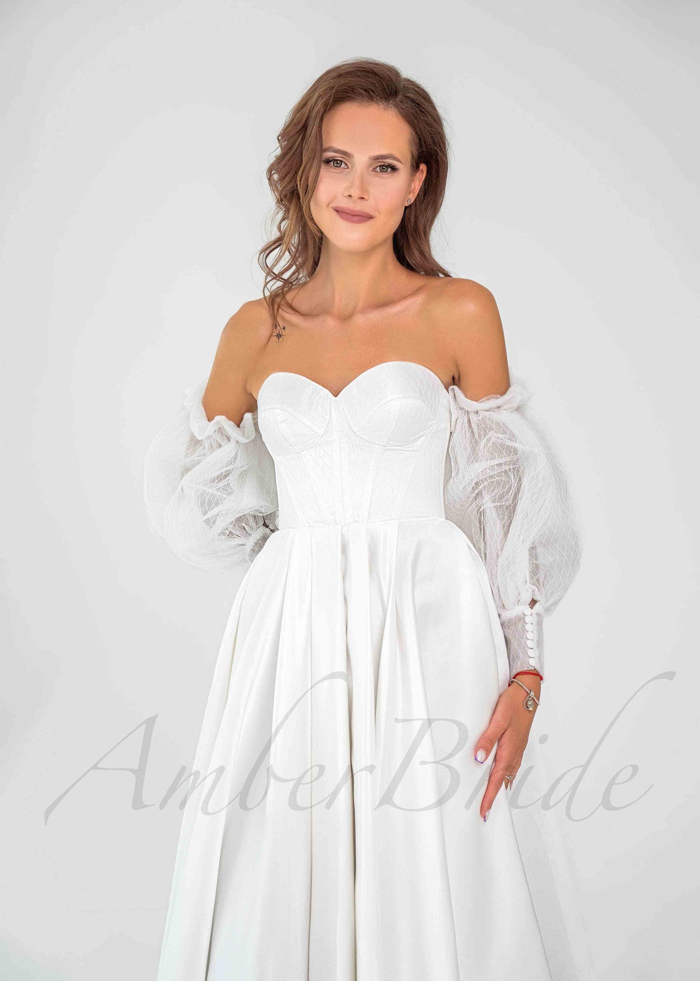 Classic A-Line Satin Wedding Dress with Detachable Long Puffy Sleeves and Slit